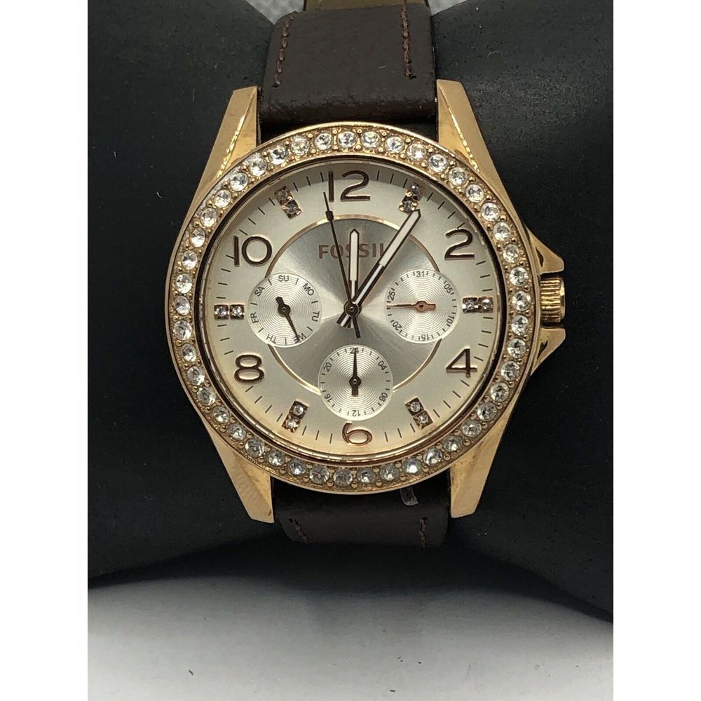 Fossil ES3466 Women Black Leather Analog Rose Gold Dial Quartz Wrist Watch OP467